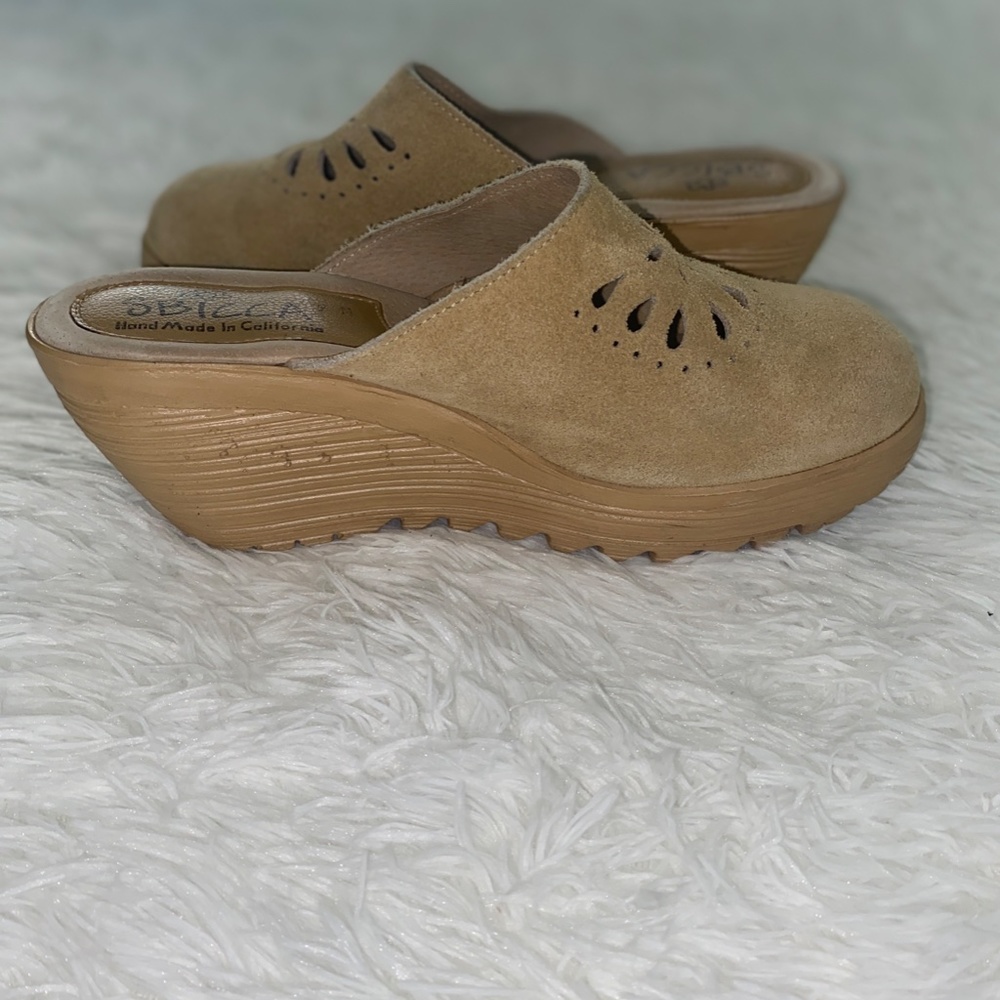 Sbicca Boho tan suede handmade in California clogs 3" wedge - Picture 7 of 8